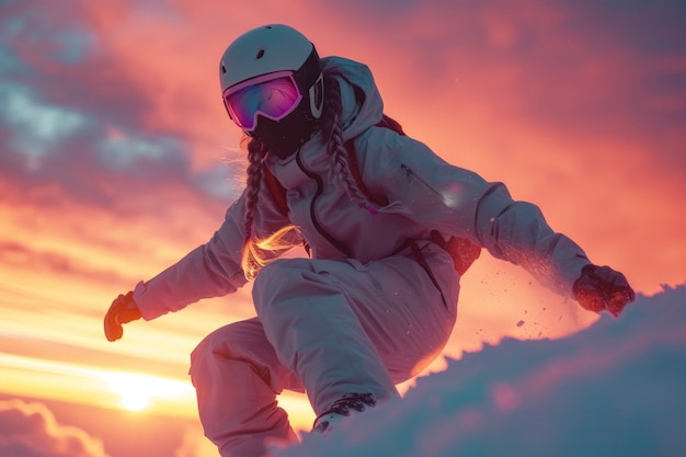 Free Photo view of woman snowboarding with pastel shades and dreamy landscape