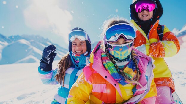 View of woman snowboarding with pastel shades and dreamy landscape