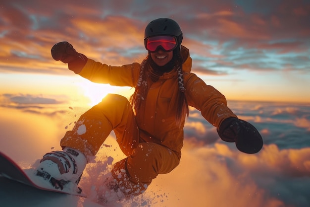 Free photo view of woman snowboarding with pastel shades and dreamy landscape