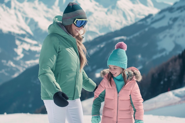 View of woman snowboarding with pastel shades and dreamy landscape