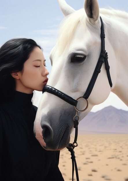 View of woman with her horse outdoors