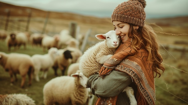 Free photo view of woman working on the animal farming field to celebrate labour day for women