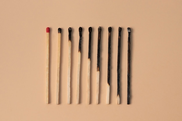 View of wooden burned matchsticks