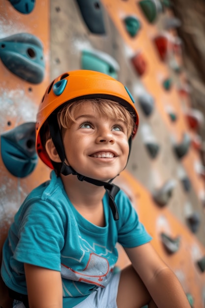 View of young person practicing rock climbing sport