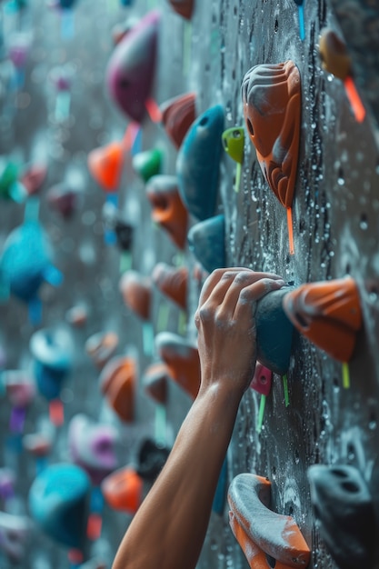 View of young person practicing rock climbing sport