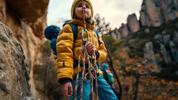 Free photo view of young person practicing rock climbing sport