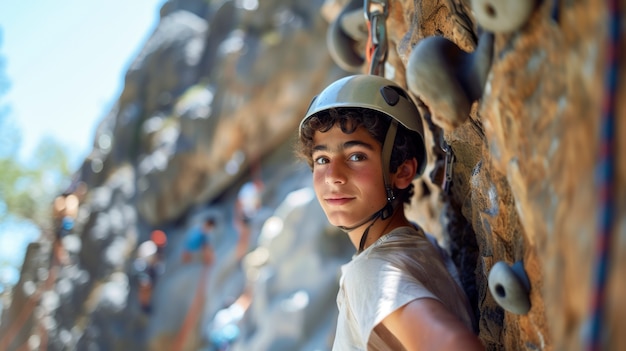 Free photo view of young person practicing rock climbing sport