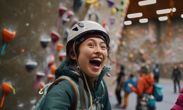 Free Photo view of young person practicing rock climbing sport