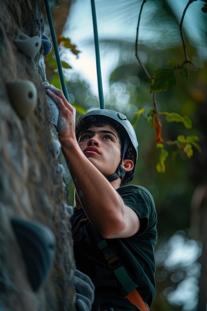 Free photo view of young person practicing rock climbing sport