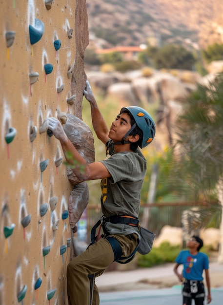 Free photo view of young person practicing rock climbing sport