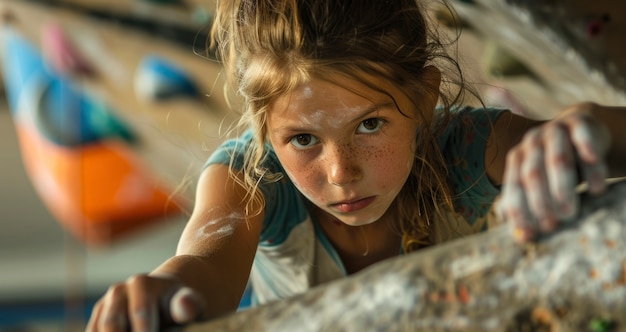 Free Photo view of young person rock climbing and practicing bouldering training