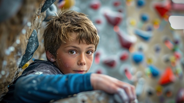 Free Photo view of young person rock climbing and practicing bouldering training