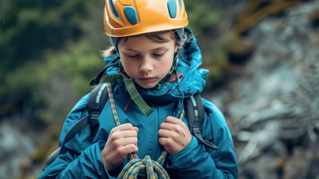 View of young person rock climbing and practicing bouldering training