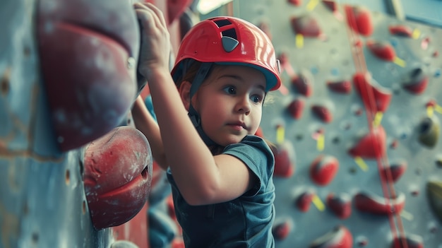 View of young person rock climbing and practicing bouldering training