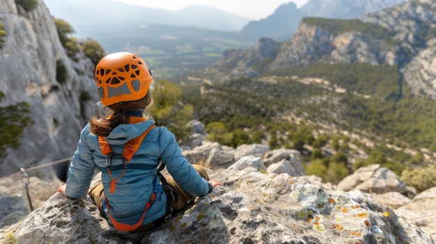 Free Photo view of young person rock climbing and practicing bouldering training