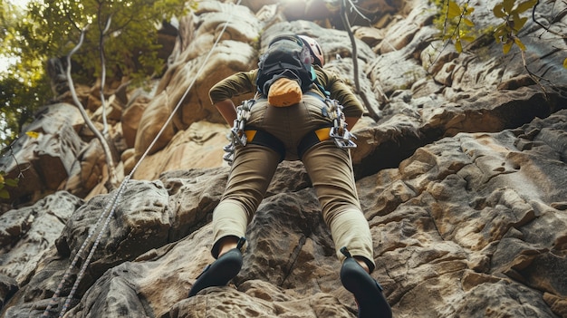 View of young person rock climbing and practicing bouldering training