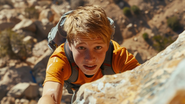 View of young person rock climbing and practicing bouldering training