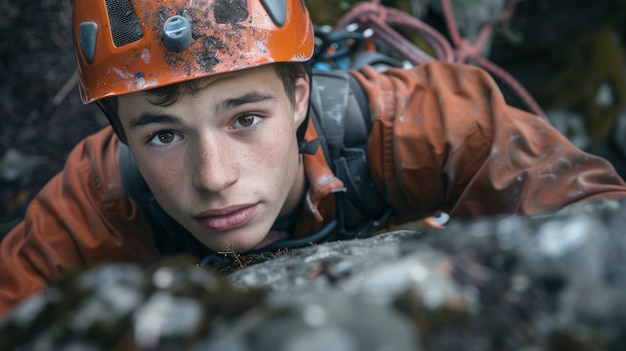 Free Photo view of young person rock climbing and practicing bouldering training