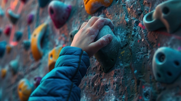 Free Photo view of young person rock climbing and practicing bouldering training