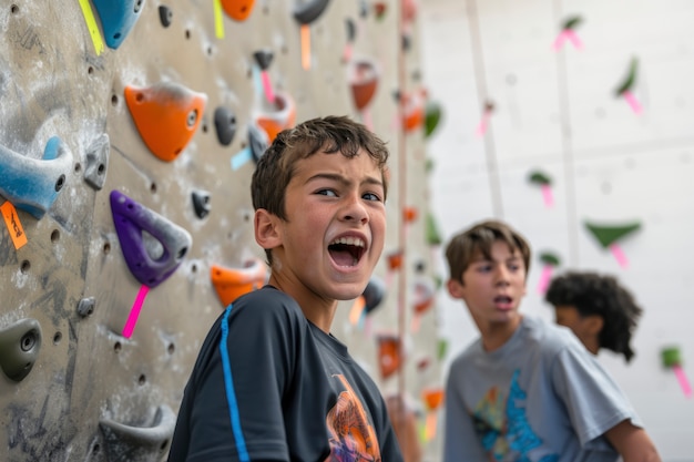 Free photo view of young person rock climbing and practicing bouldering training