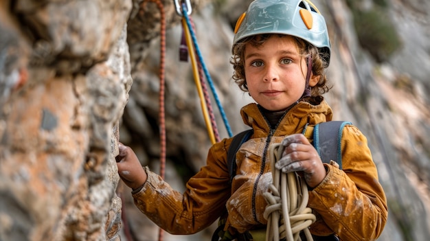 View of young person rock climbing and practicing bouldering training