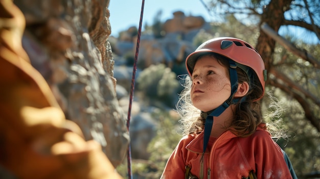 View of young person rock climbing and practicing bouldering training