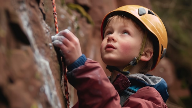 View of young person rock climbing and practicing bouldering training