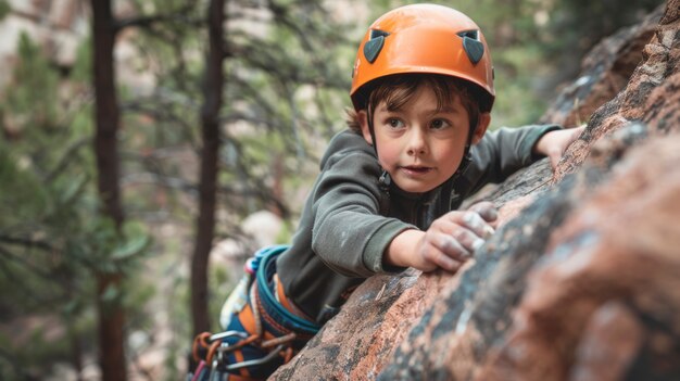 View of young person rock climbing and practicing bouldering training