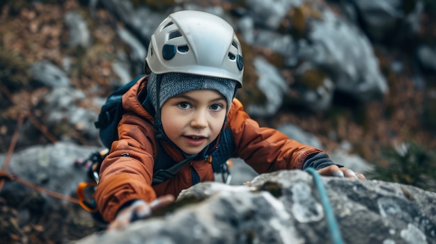 View of young person rock climbing and practicing bouldering training