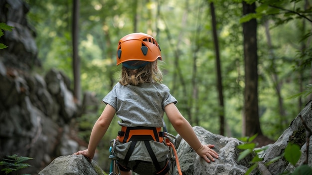 View of young person rock climbing and practicing bouldering training