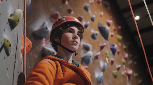 Free photo view of young person rock climbing and practicing bouldering training