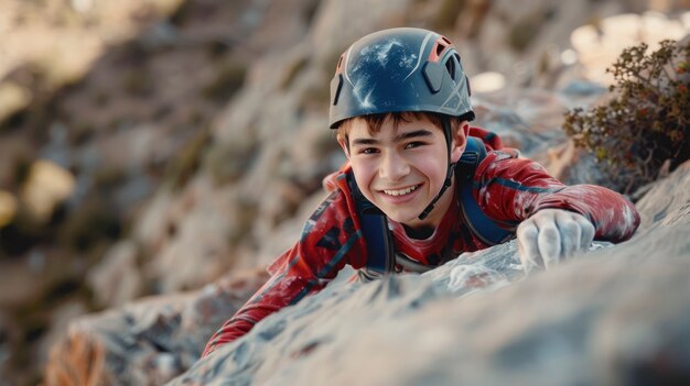 View of young person rock climbing and practicing bouldering training