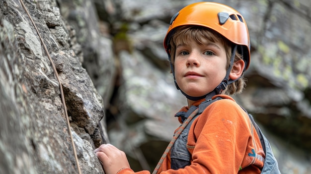 View of young person rock climbing and practicing bouldering training