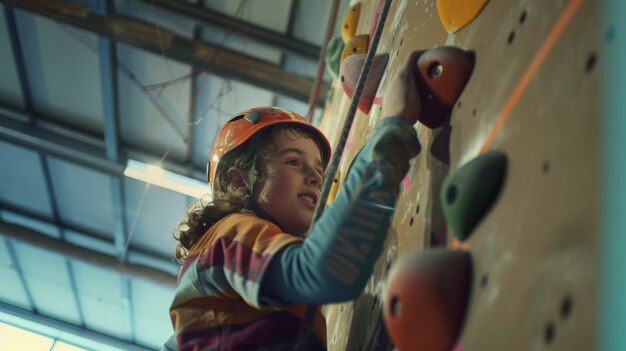 View of young person rock climbing and practicing bouldering training