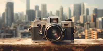 Free photo vintage camera with a cityscape in the back