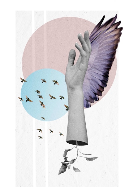 Vintage collage of hand with wings