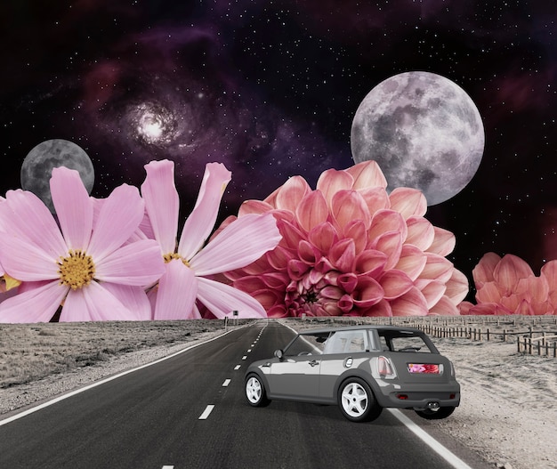 Free photo vintage collage with car and flowers