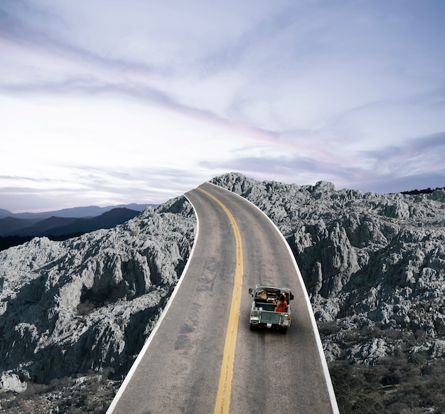 Vintage collage with car on the road