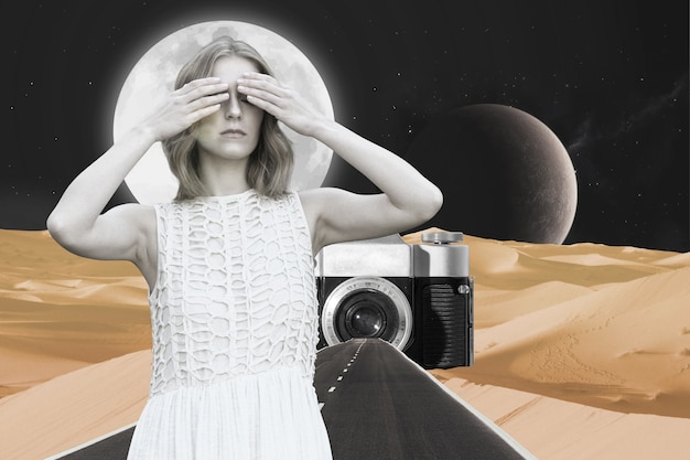 Free Photo vintage collage with woman and camera