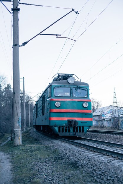 Vintage fast train front on railroad