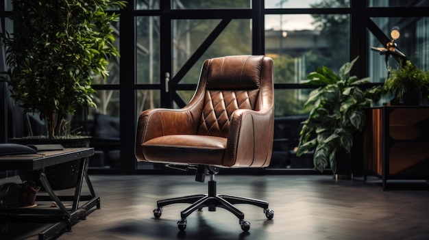 Free photo a vintage home office chair featuring leather upholstery wooden armrests and wheels