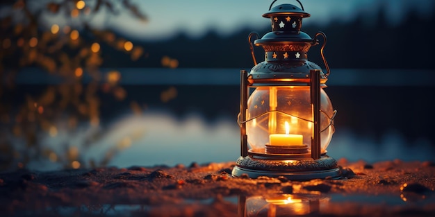 Free photo vintage lantern illuminates its light dancing across the reflective surface below