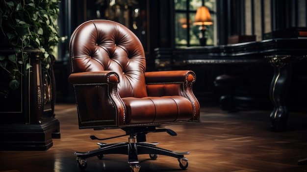 Free photo vintage leather home office chair with wooden armrests and wheels