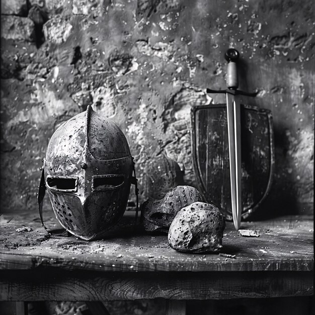 Vintage style soldier helmet still life