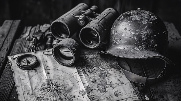 Vintage style soldier helmet still life