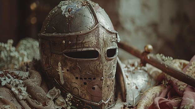 Vintage style soldier helmet still life