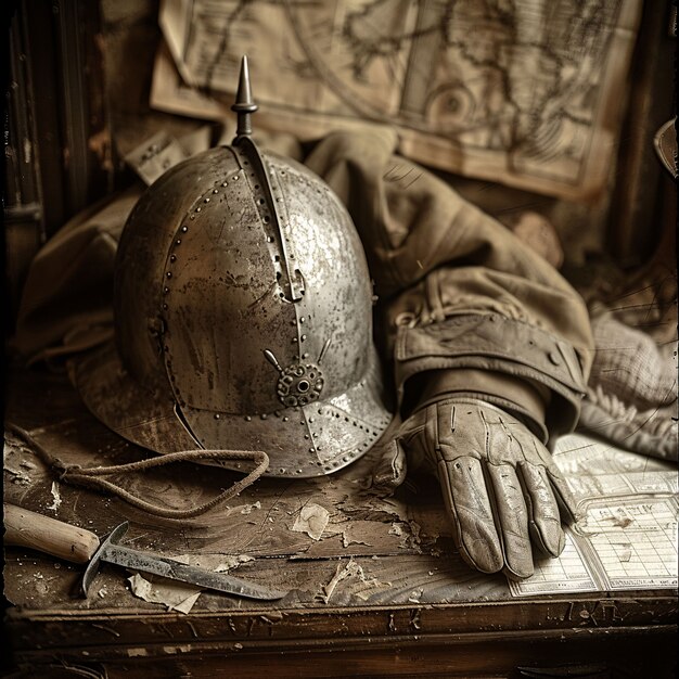 Vintage style soldier helmet still life