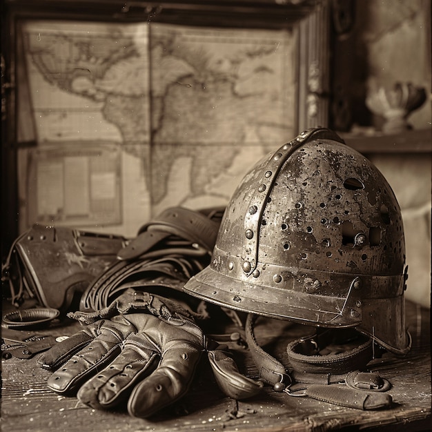 Vintage style soldier helmet still life