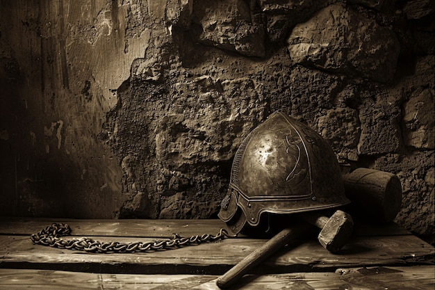 Vintage style soldier helmet still life