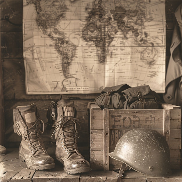 Vintage style soldier helmet still life